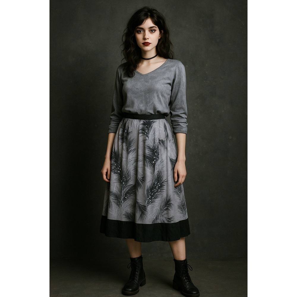 Whimsigoth Fairygrunge Emo Gothic 8 Gray Black Feather Sateen Pleated Midi Skirt